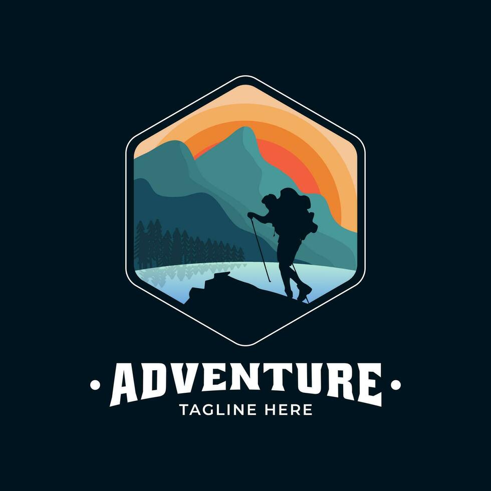 vintage moderno aventura logotipo com Visão do pessoas escalada montanhas, rio e pinho árvores adequado para logotipos do aventureiros, natureza amantes, alpinistas, marcas, e outros. vetor