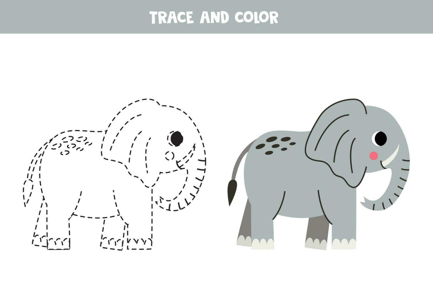 vestígio e cor desenho animado cinzento elefante. planilha para crianças. vetor