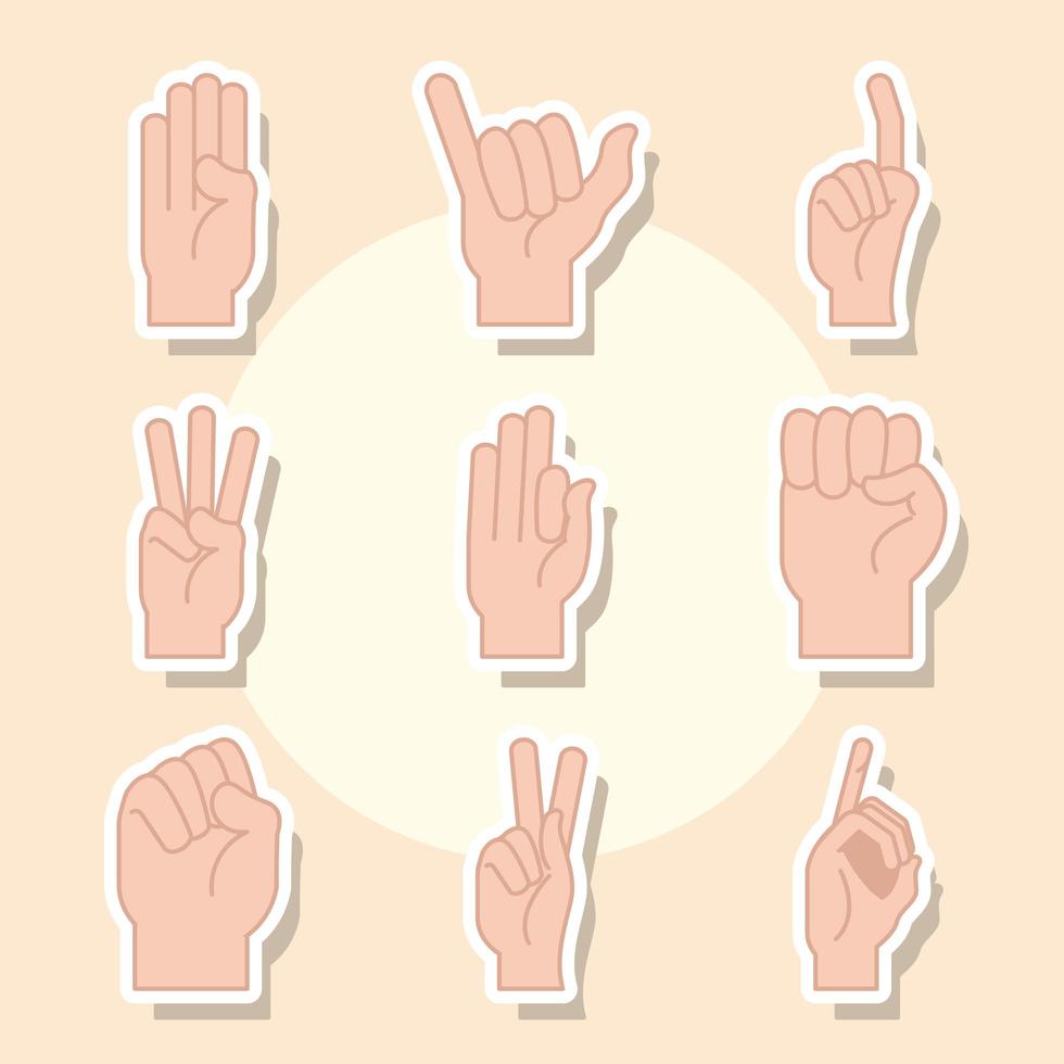 linguagem gestual gesto com a mão indicando letras diferentes, linha do alfabeto e ícones de preenchimento vetor