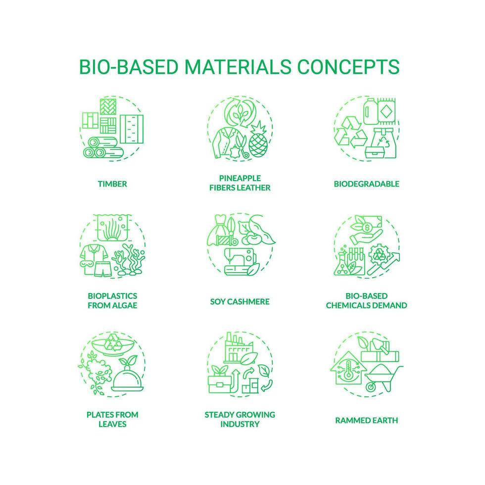 bio Sediada materiais verde gradiente conceito ícones definir. sustentável soluções. biodegradável produtos idéia fino linha cor ilustrações. isolado símbolos vetor