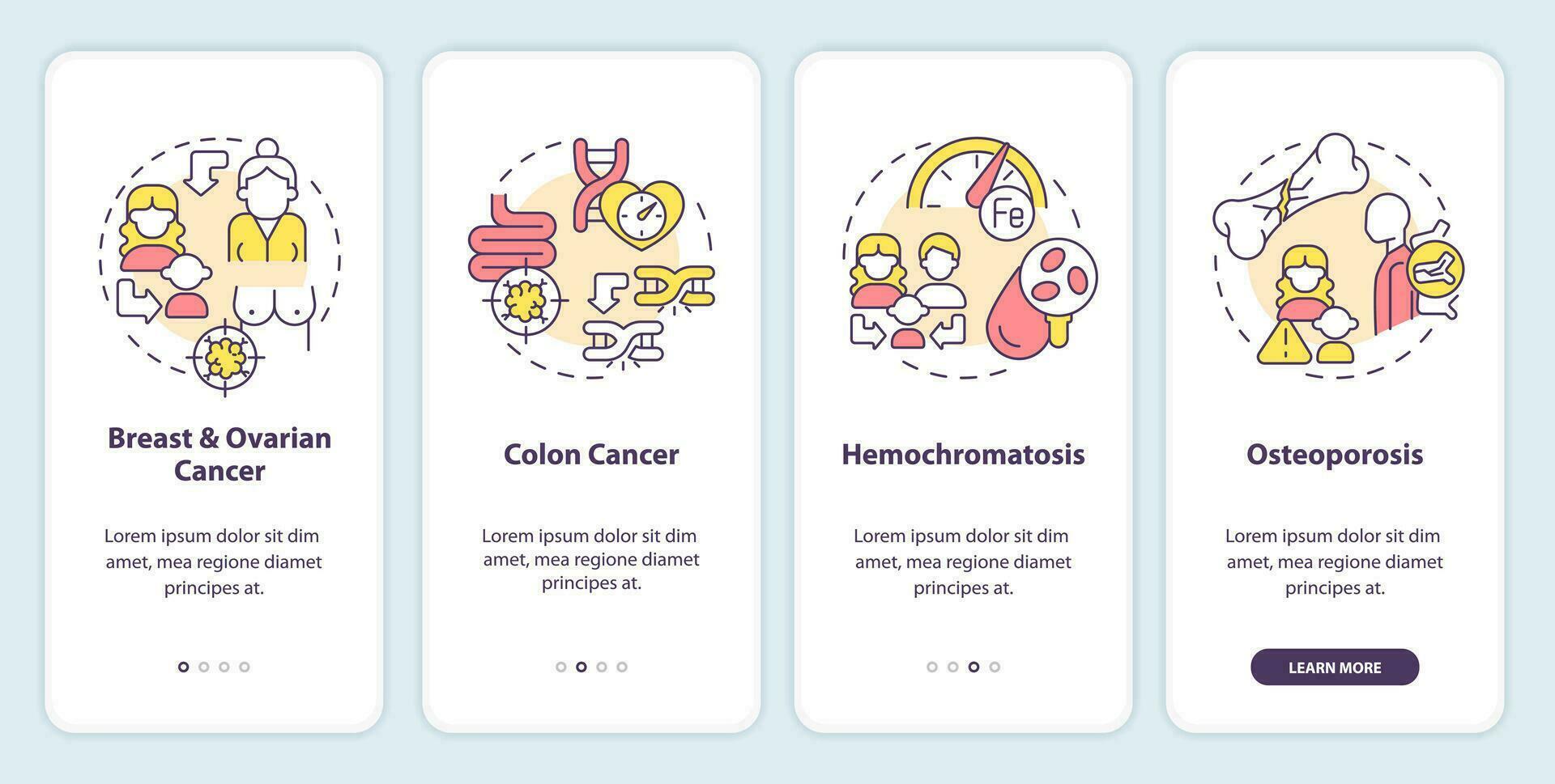 família saúde história, crônica doenças onboarding Móvel aplicativo tela. passo a passo 4 passos editável gráfico instruções com linear conceitos. interface do usuário, ux, gui modelado vetor