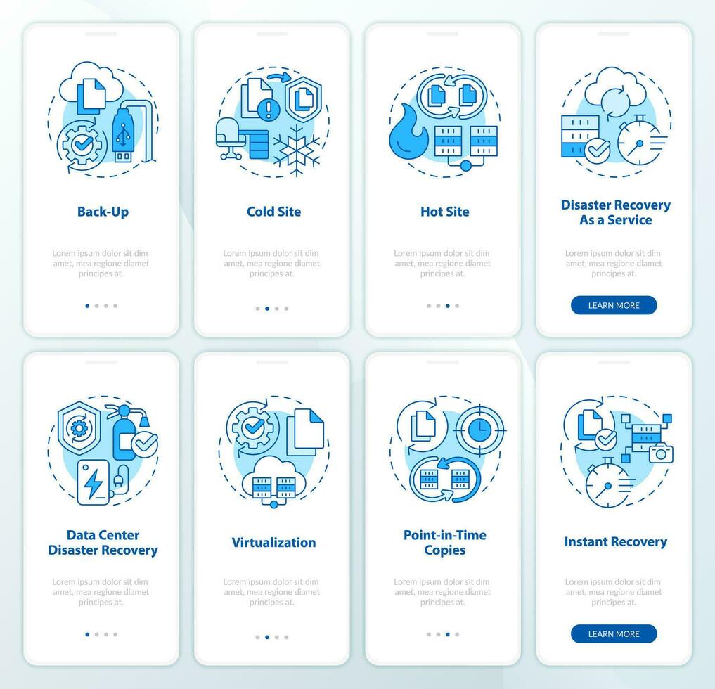 desastre recuperação azul onboarding Móvel aplicativo telas definir. passo a passo 4 passos editável gráfico instruções com linear conceitos. interface do usuário, ux, gui modelado vetor