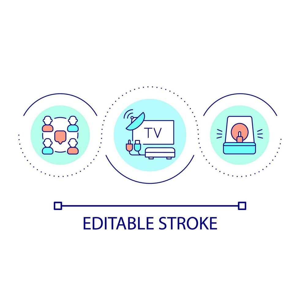 emergência em formação transmissão ciclo conceito ícone. acidentes consciência através da meios de comunicação. notícia abstrato idéia fino linha ilustração. isolado esboço desenho. editável acidente vascular encefálico vetor