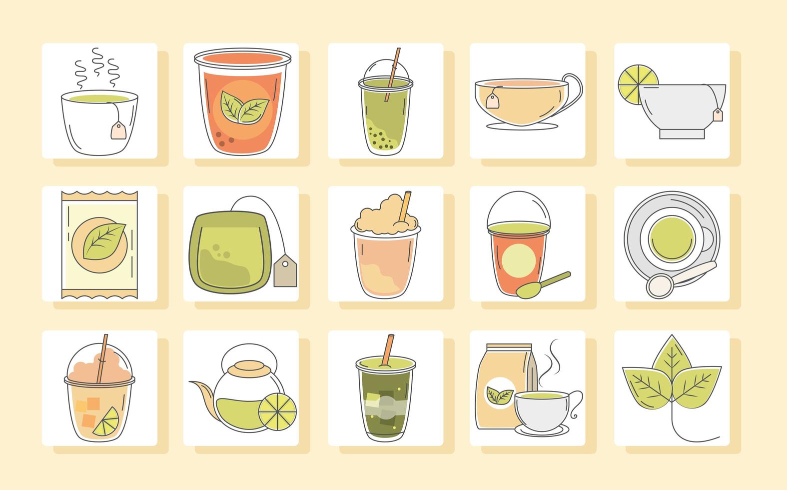 Chá, bebida, ervas frescas, antioxidante, conjunto, ícones, linha e, preencher vetor