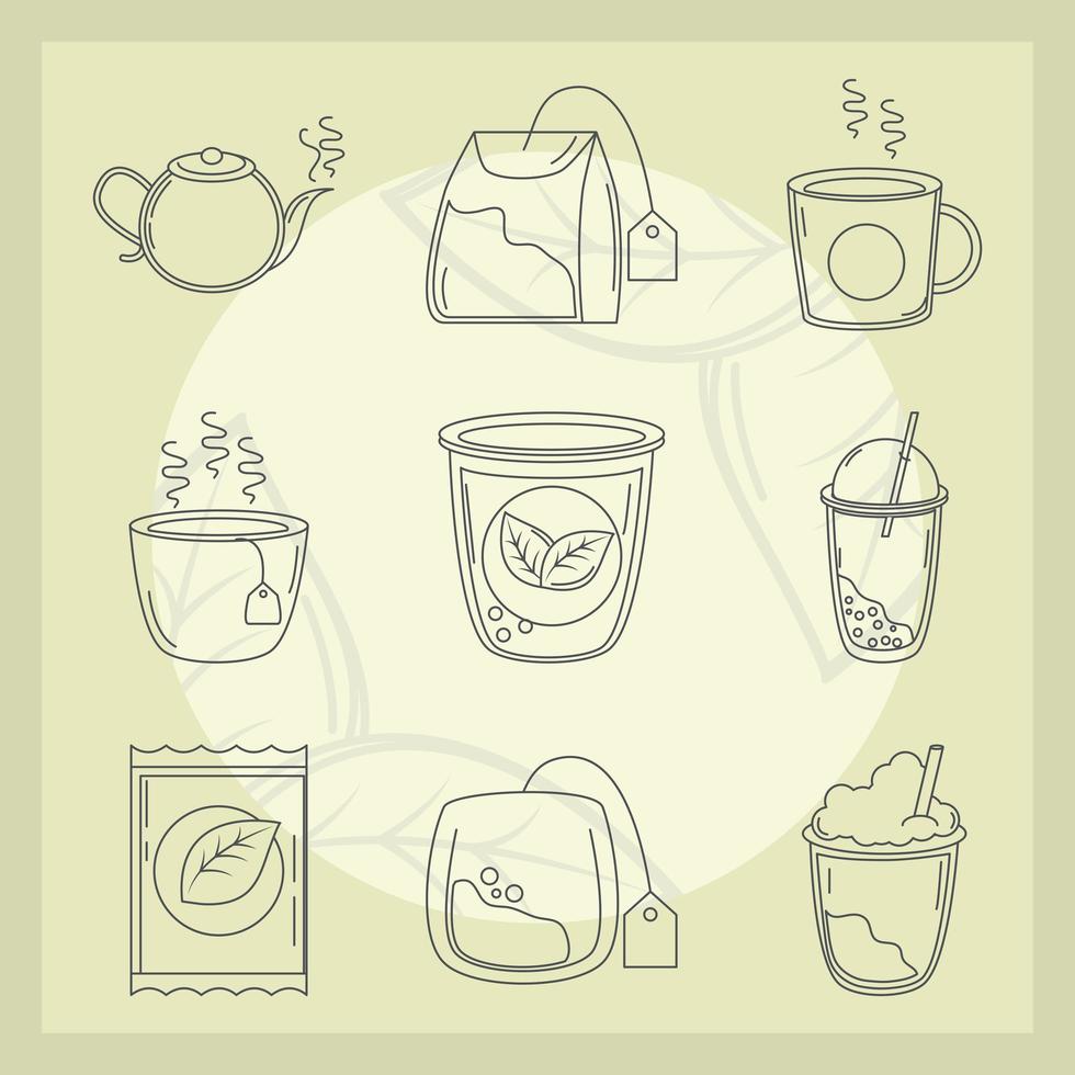 chá erval chaleira produto pacote folha copos e açúcar ícones estilo de linha vetor