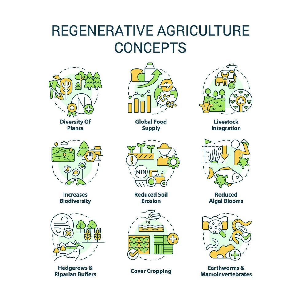 regenerativo agricultura conceito ícones definir. jardinagem e agricultura aproximação idéia fino linha cor ilustrações. isolado símbolos. editável acidente vascular encefálico vetor