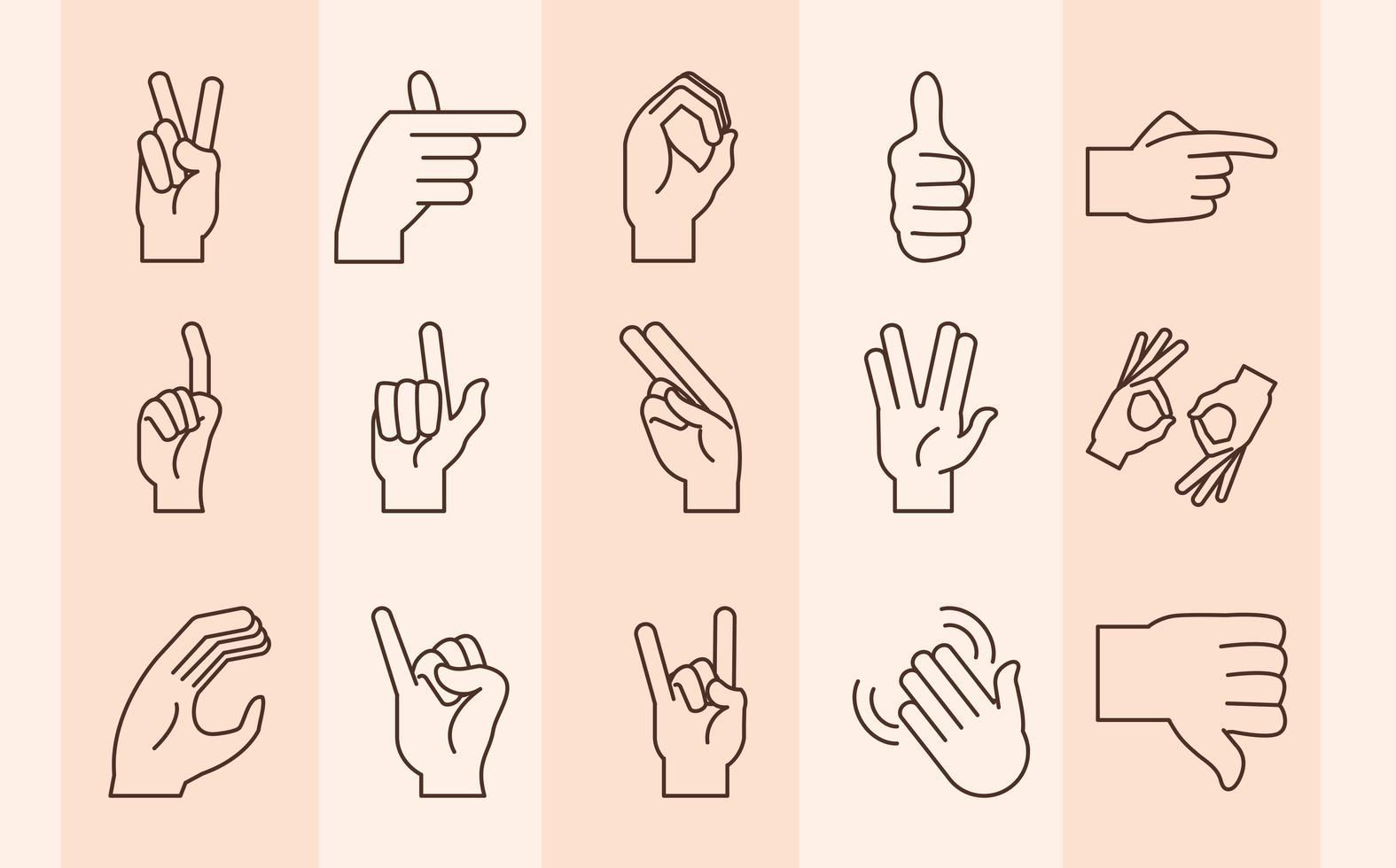 mãos de linguagem de sinais fazendo conjunto de ícones de linha do alfabeto vetor