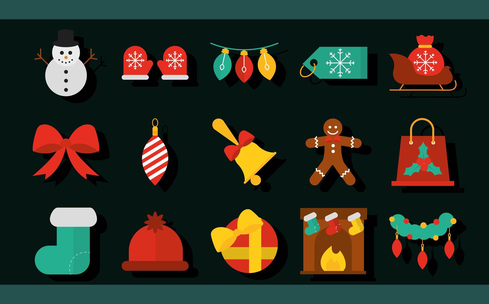 feliz feliz natal decoração enfeites temporada celebração coleção de estilo ícones plana festivos vetor