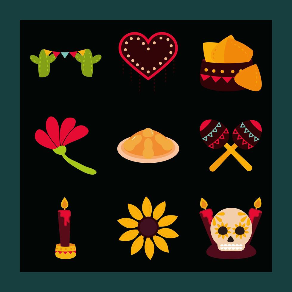 celebração do dia dos mortos mexicano decoração tradicional plano de fundo preto estilo ícones do pacote vetor