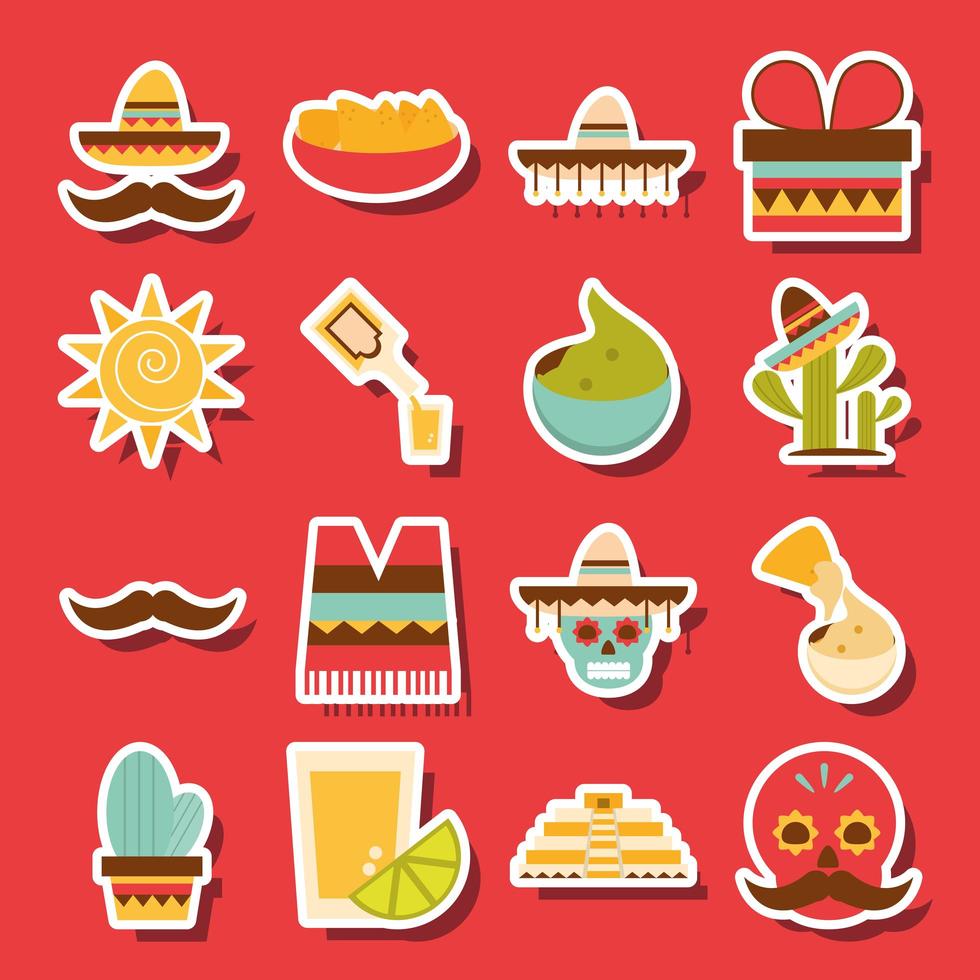 conjunto de ícones mexicanos decoração celebração festivo fundo vermelho design plano vetor