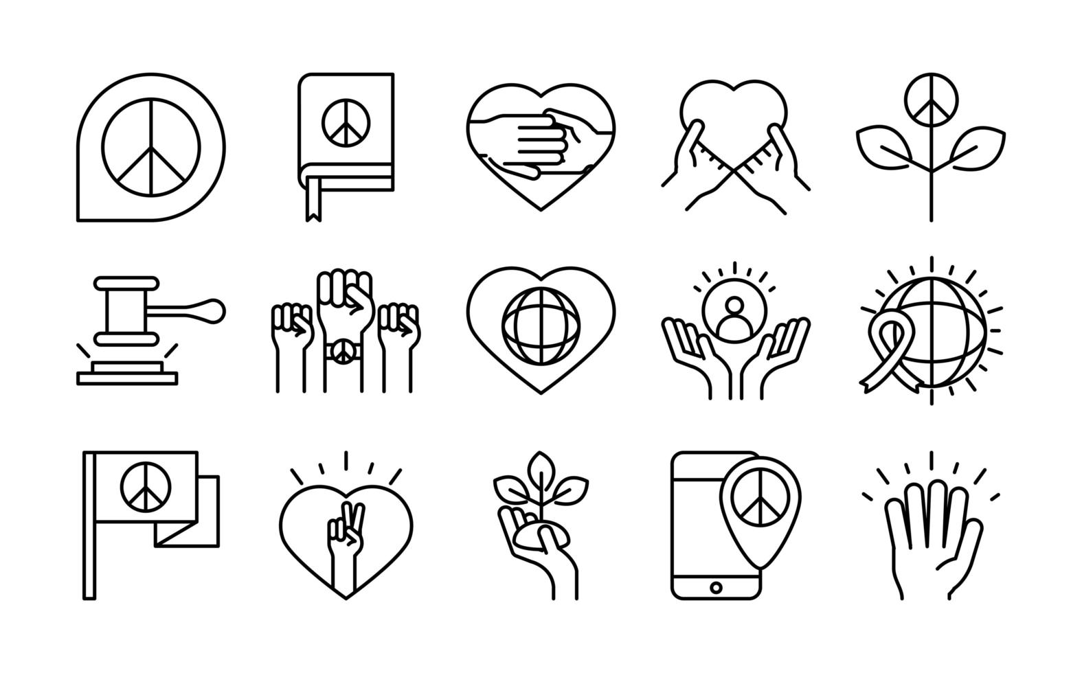 ícones da linha do dia dos direitos humanos cenografia inclui bandeira mundial do coração da paz vetor