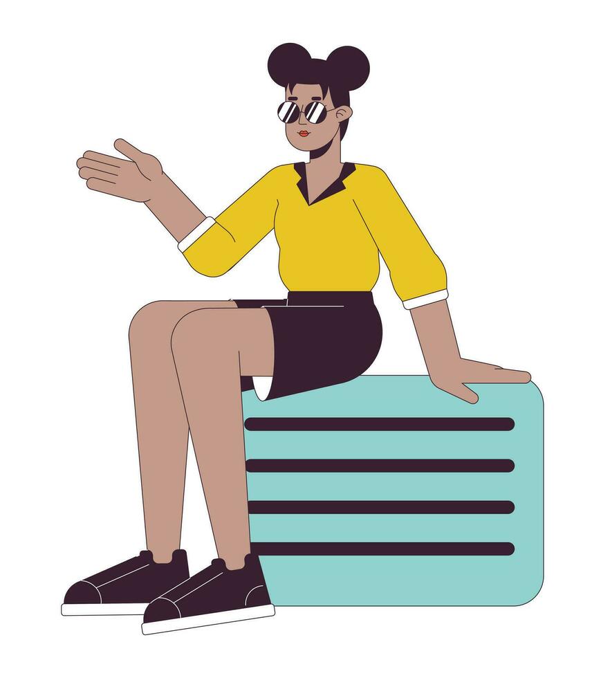 à moda afro americano menina sentado em valise plano linha cor vetor personagem. editável esboço cheio corpo pessoa em branco. bagagem jovem mulher simples desenho animado local ilustração para rede gráfico Projeto