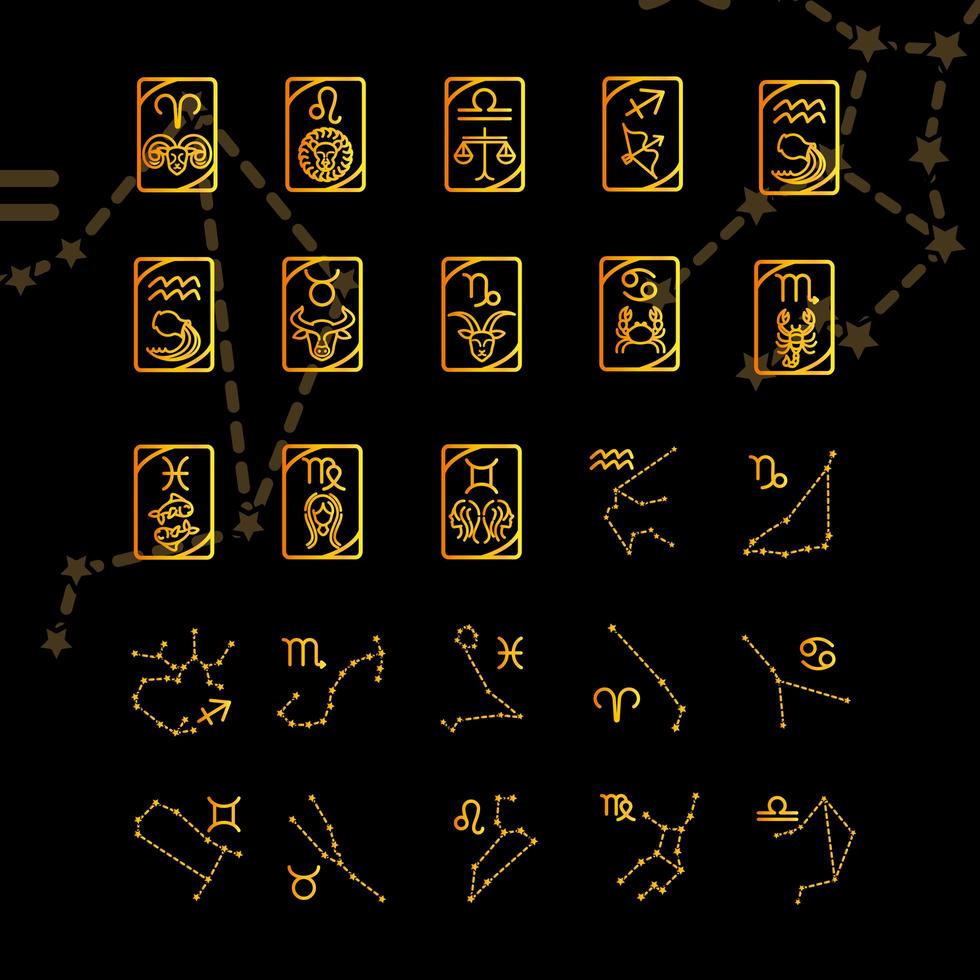 zodíaco astrologia horóscopo calendário constelação áries leo libra câncer escorpião ícones coleção gradiente estilo fundo preto vetor