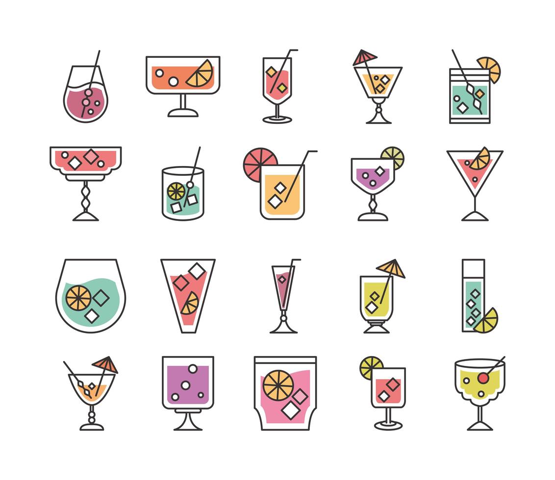 coquetel ícone beber licor refrescante álcool copos de vidro coleção de ícones vetor