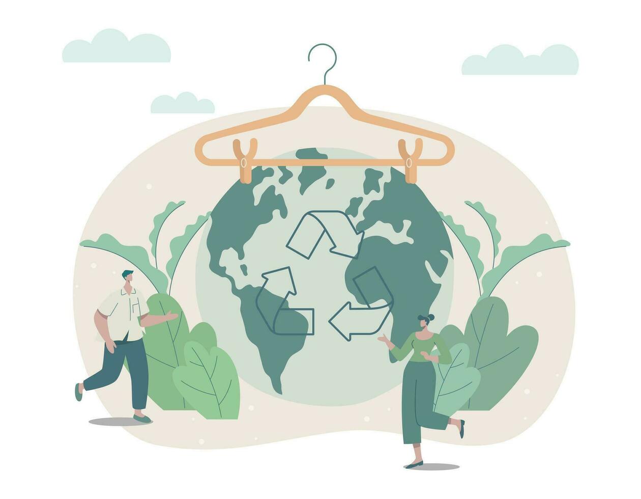 eco amigáveis sustentável, lento moda conceito com roupas cabide em terra planeta, reciclar, reuso e reduzir, vetor Projeto ilustração.