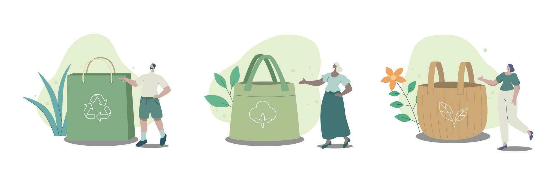conjunto do eco bolsas, de Meio Ambiente amigáveis embalagem para compras. reciclável biodegradável sustentável embalagem. vetor Projeto ilustração.