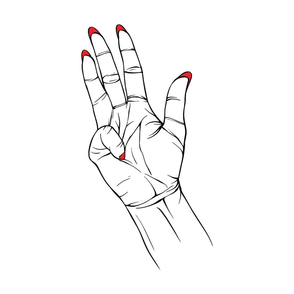 grandes vermelho unhas mão retirou. gesto esboço vetor. ilustração linha arte vetor