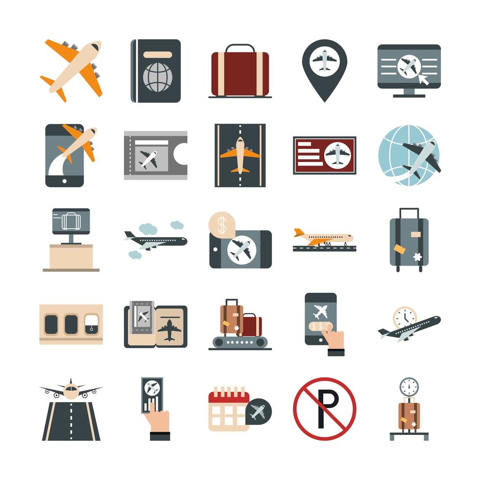 aeroporto viagem transporte terminal turismo ou avião de negócios passaporte mala bilhete mala bagagem conjunto de ícones de estilo simples vetor
