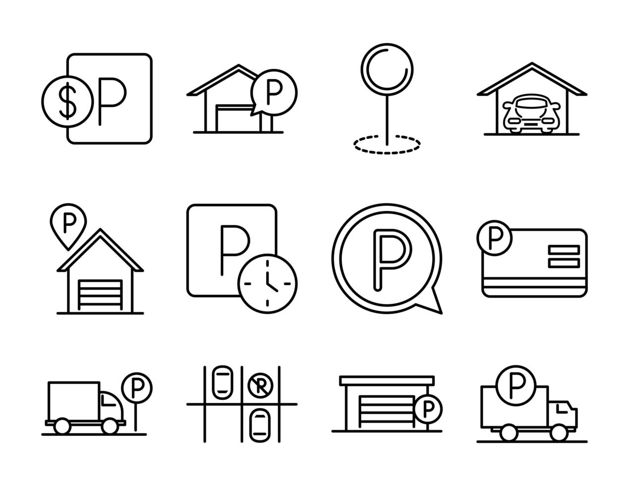 estacionamento transporte linha de negócios estilo ícones cenografia vetor