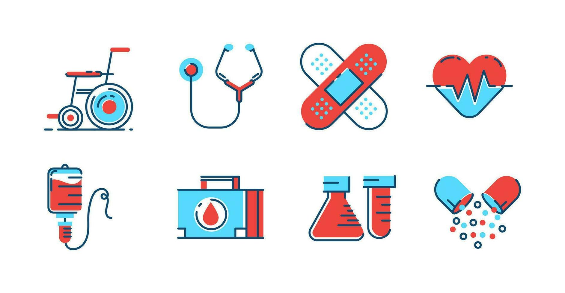 saúde coleção do cor ícones com linhas. cadeira de rodas, medicamento, taça, médico caixa, infusão, sangue doador, estetoscópio, coração taxa e ferida gesso. adequado para local na rede Internet vetor