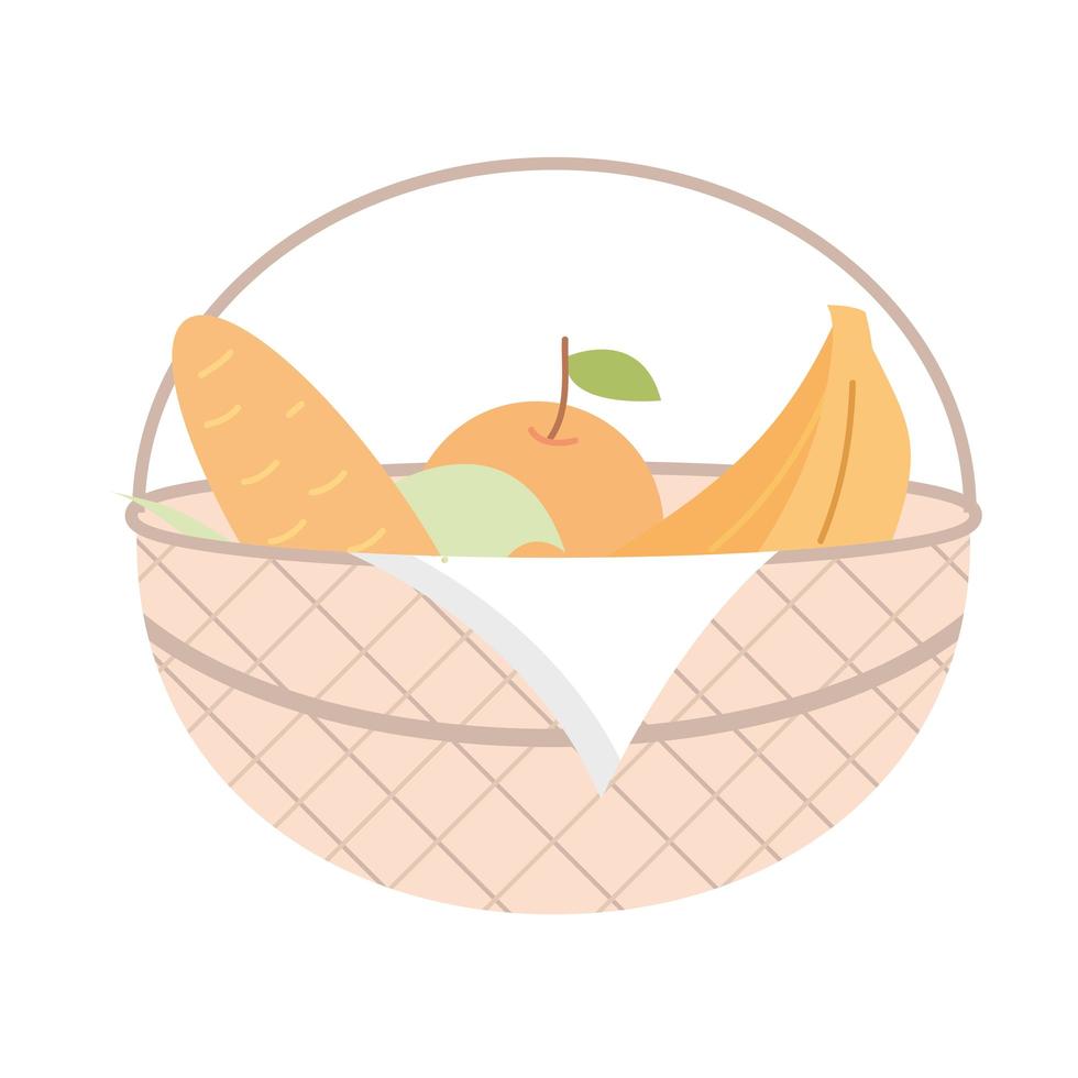 guardanapo cesta de piquenique com pão laranja e banana frutas frescas vetor