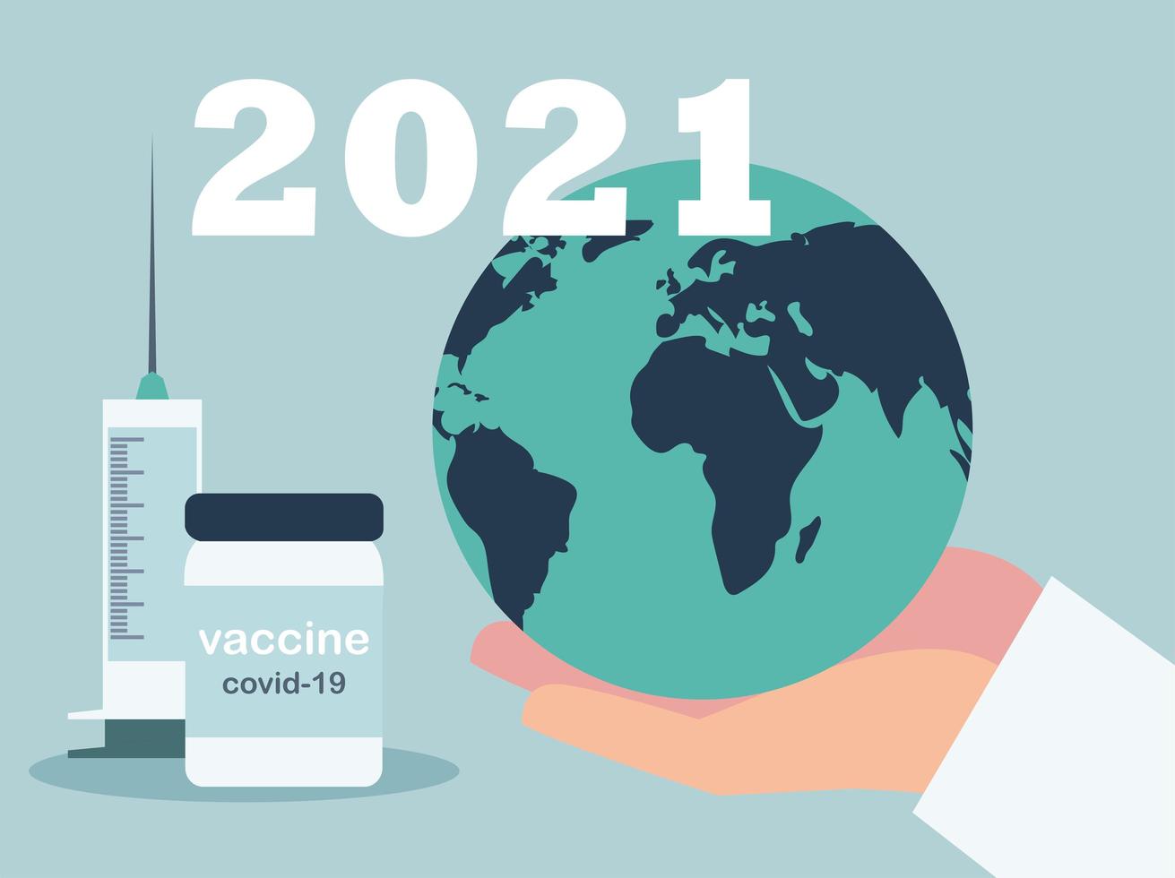 mão segura mundo e medicamento com seringa com frasco de vacina vetor