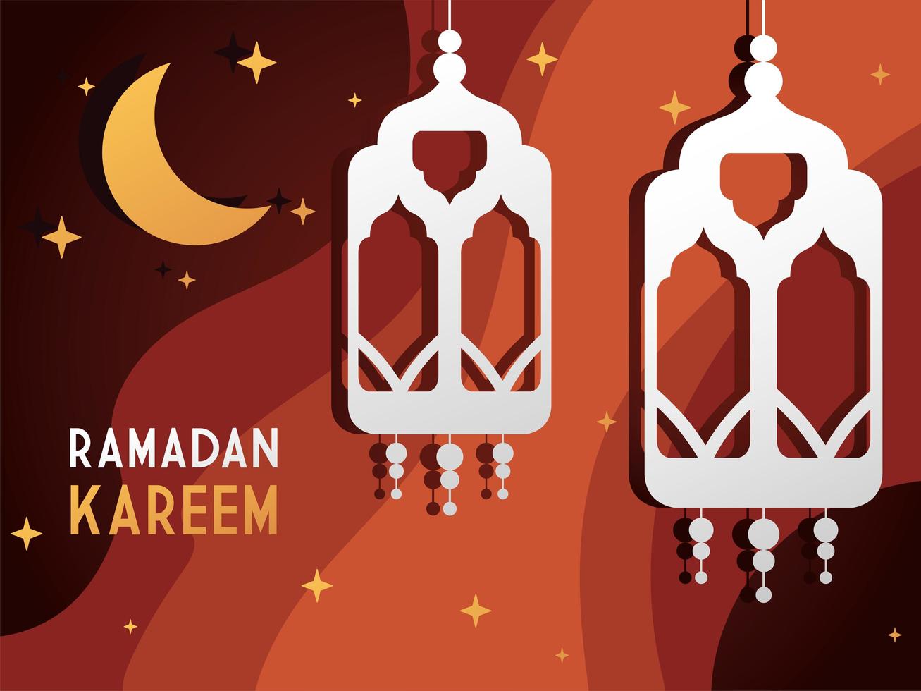 Lanterna de papel decorativo ramadan kareem e fundo estrelado da lua vetor