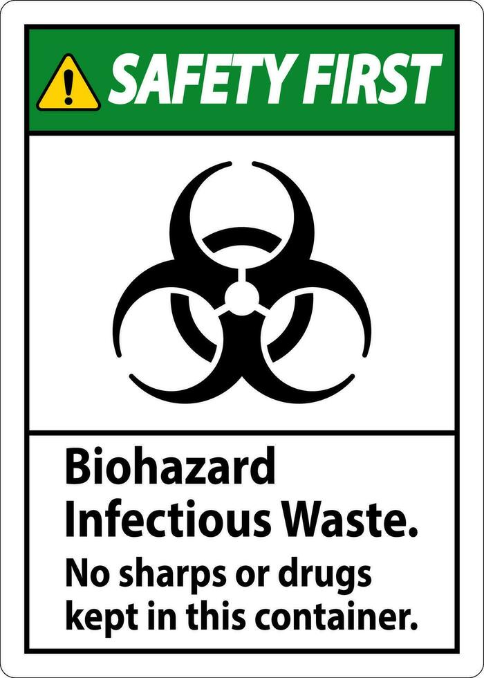 segurança primeiro rótulo risco biológico infeccioso desperdício, não farelos ou drogas manteve dentro isto recipiente vetor