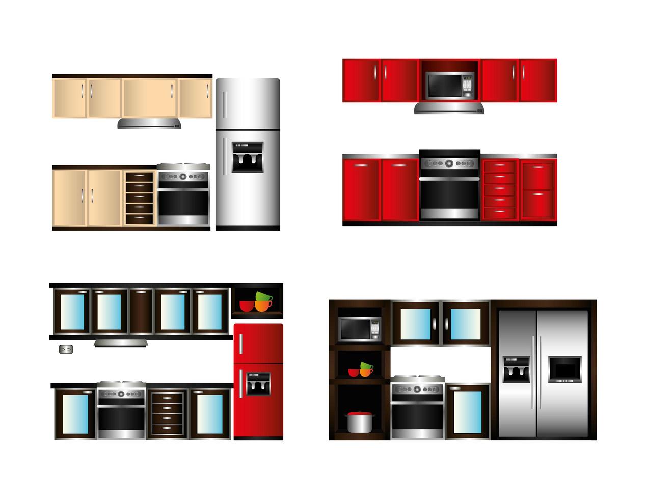 ícones integrais das cenas frontais da cozinha vetor