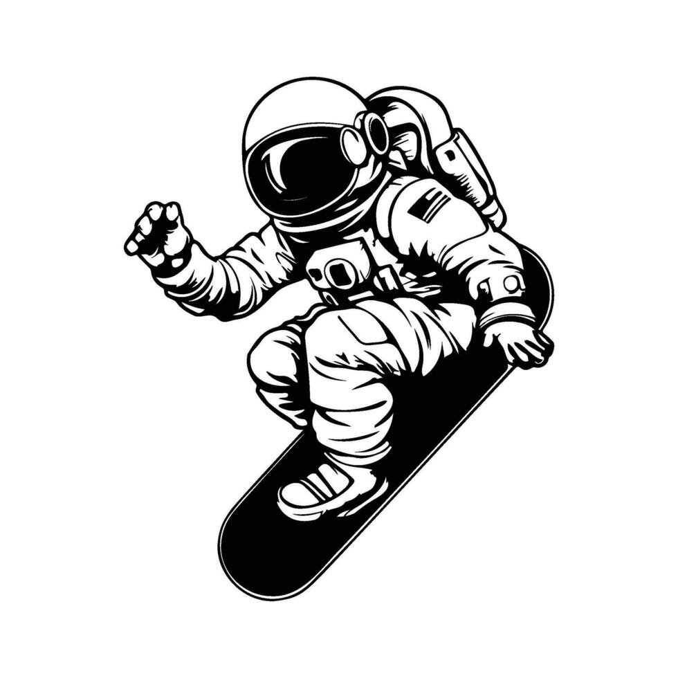 astronauta em snowboarder dentro espaço, astronauta em uma surfar borda desenho animado vetor