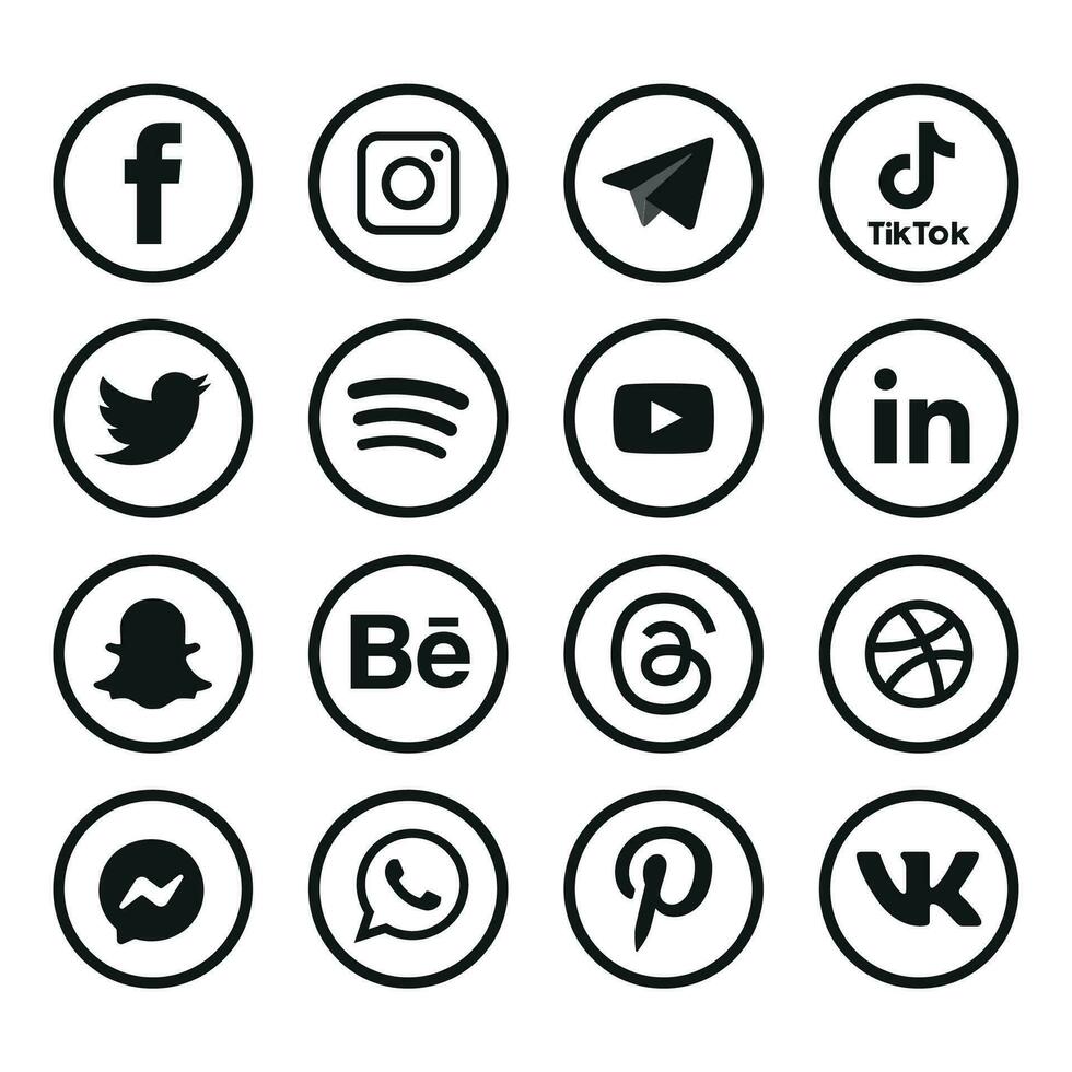 Preto e branco social meios de comunicação ícones conjunto logotipo vetor ilustrador rede