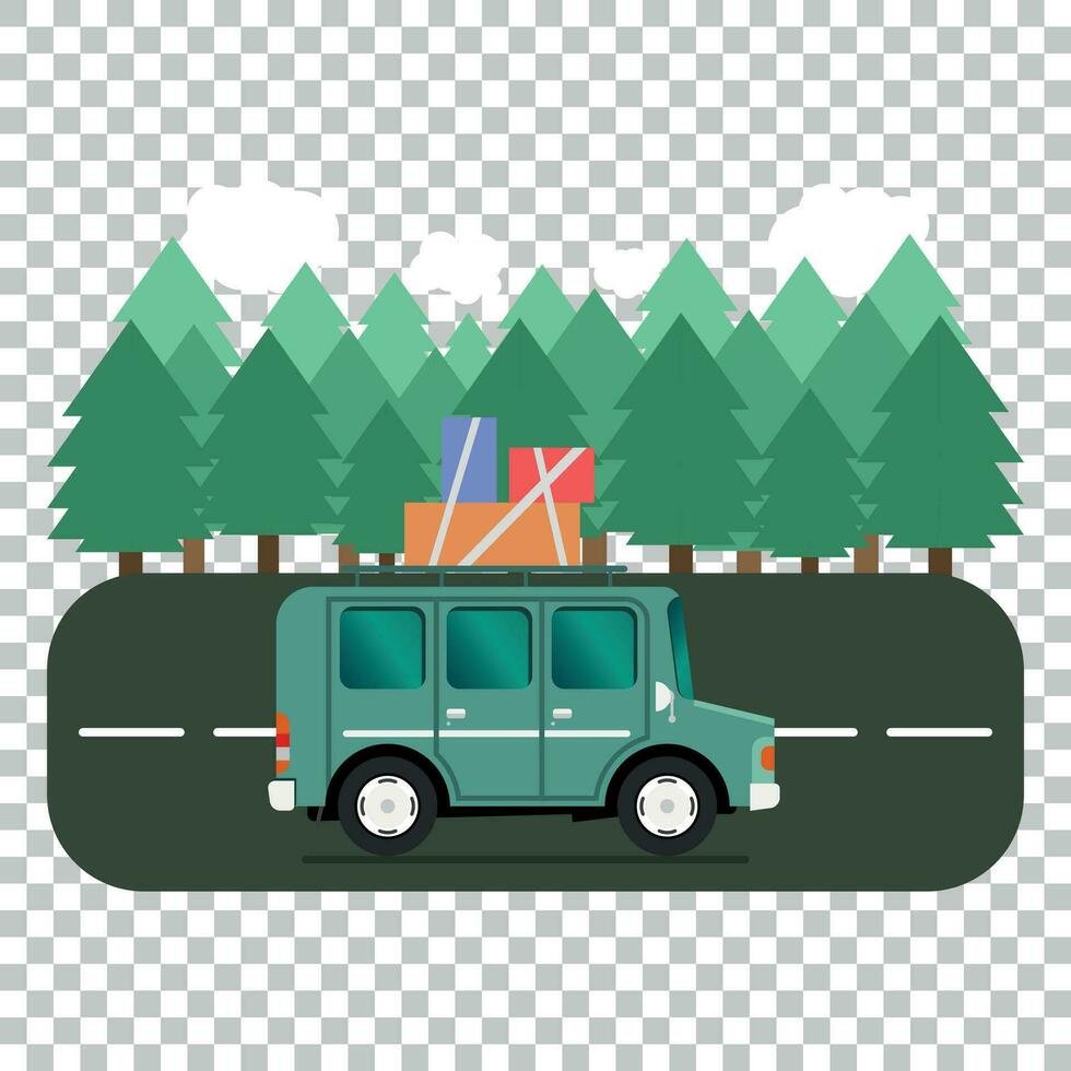 viagem carro acampamento Lugar, colocar panorama. floresta, árvores, abeto árvore e estrada. vetor ilustração dentro plano estilo.