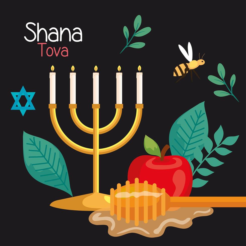 celebração de Rosh Hashaná, ano novo judaico, com lustre, mel, maçã e abelha vetor