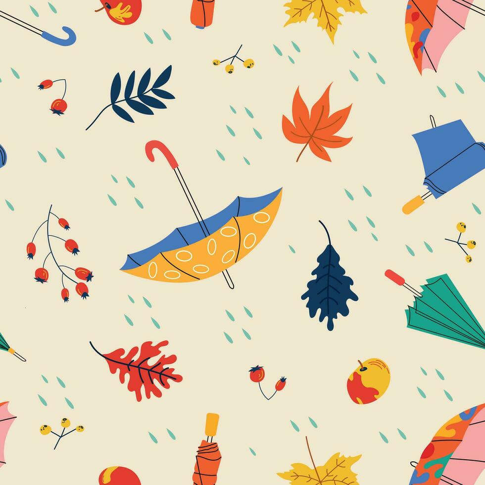 vetor desatado padronizar com mão desenhado guarda-chuvas, outono folhas, chuva gotas. ilustração para cartões, têxtil, papel, convites