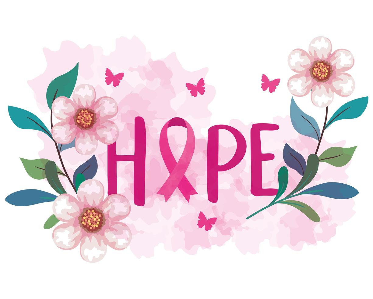 símbolo do mês mundial da conscientização do câncer de mama em outubro com decoração de fita rosa, borboletas, flores e folhas vetor