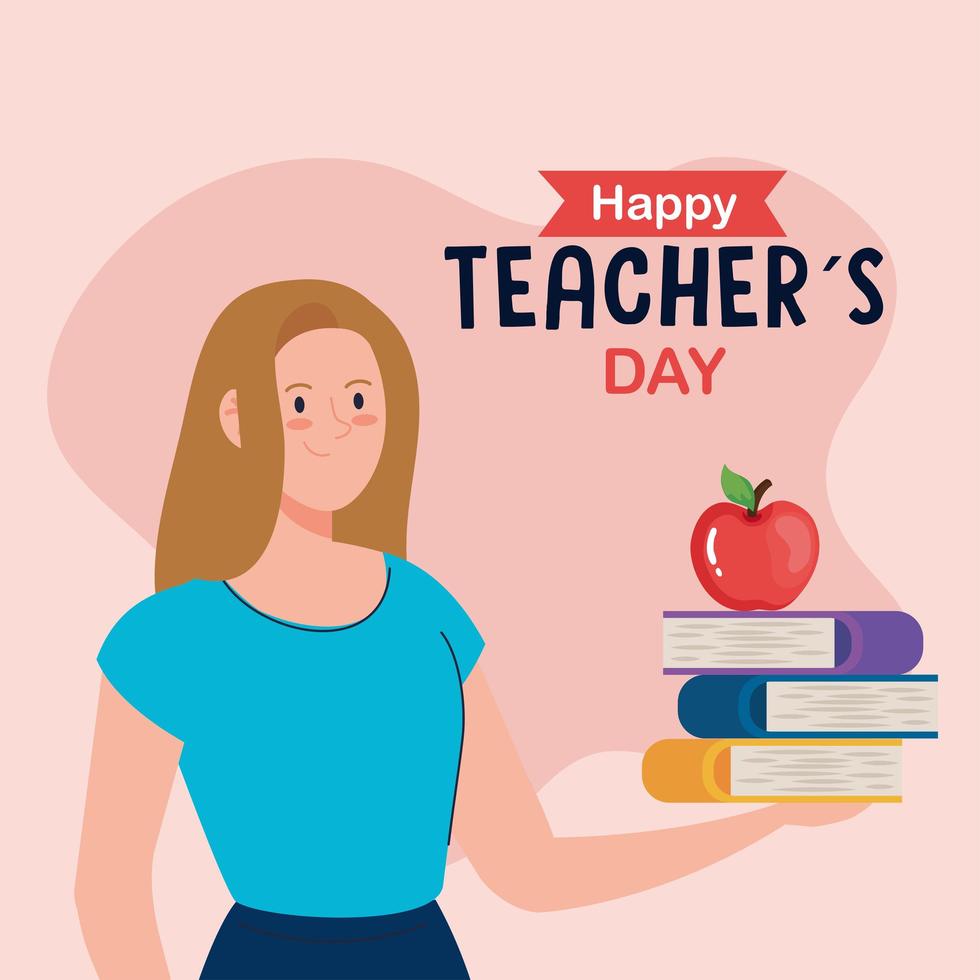 feliz dia dos professores, professora com livros e maçã vetor