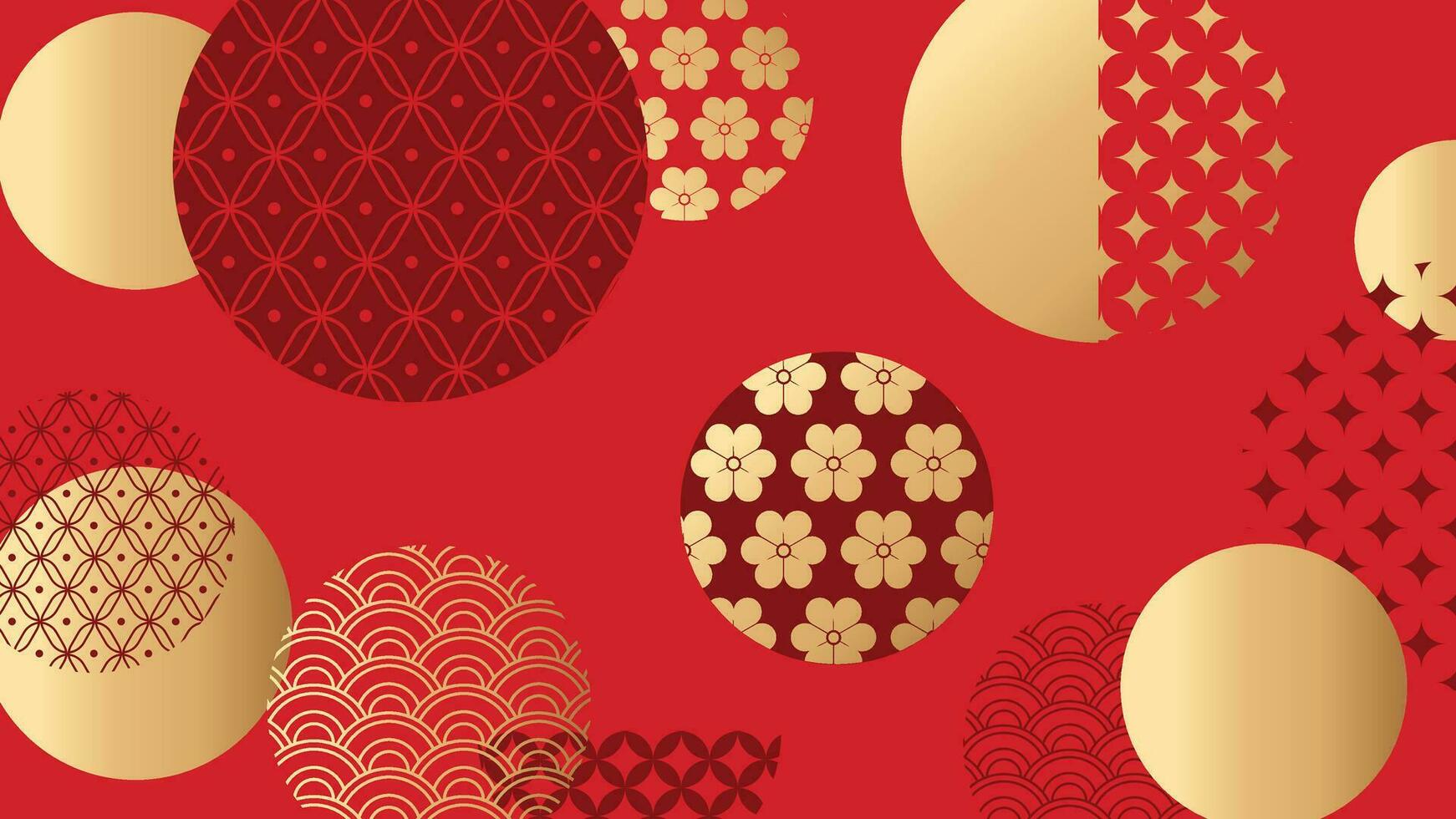 feliz chinês Novo ano luxo estilo fundo vetor. dourado geométrico formas, círculo, chinês e japonês padronizar em vermelho papel de parede. oriental Projeto para pano de fundo, cartão, poster, anúncio. vetor