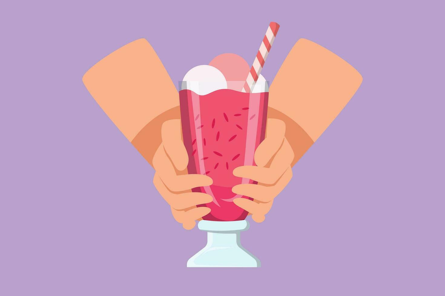 gráfico plano Projeto desenhando mãos do humano aguarde vidro do saboroso milkshake beber com açoitado creme. doce bebida com uma Palha e fatia do laranja. morango bebida. desenho animado estilo vetor ilustração