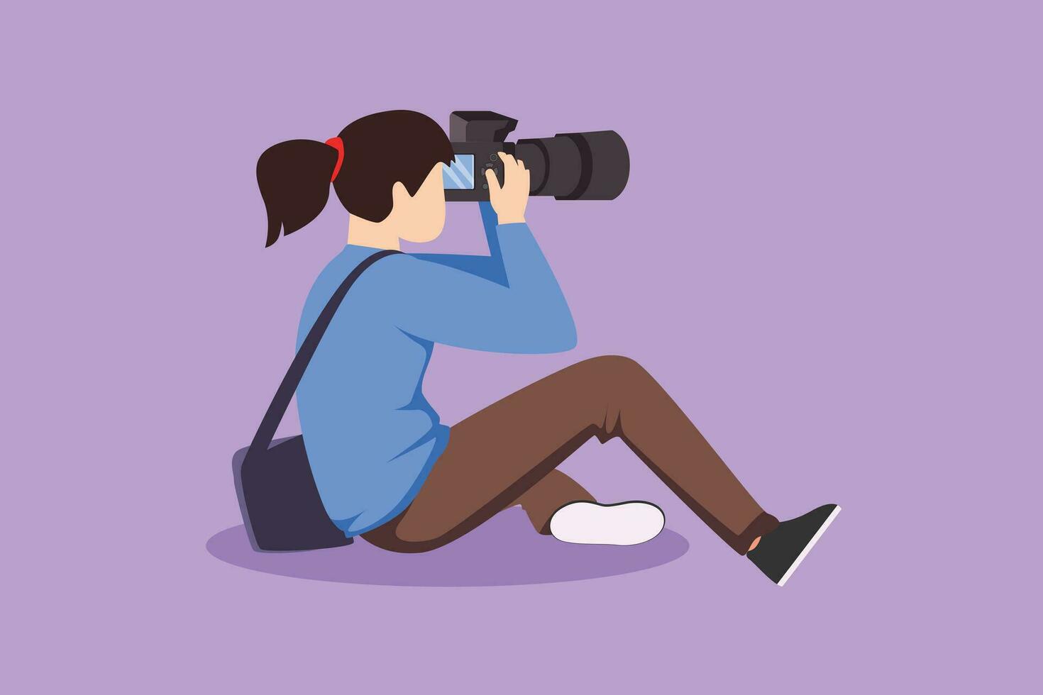 personagem plano desenhando fofa mulher fotógrafo do paparazzi sentado e levando foto com moderno digital Câmera com ângulos. jornalista ou repórter fazer fotos. desenho animado Projeto vetor ilustração