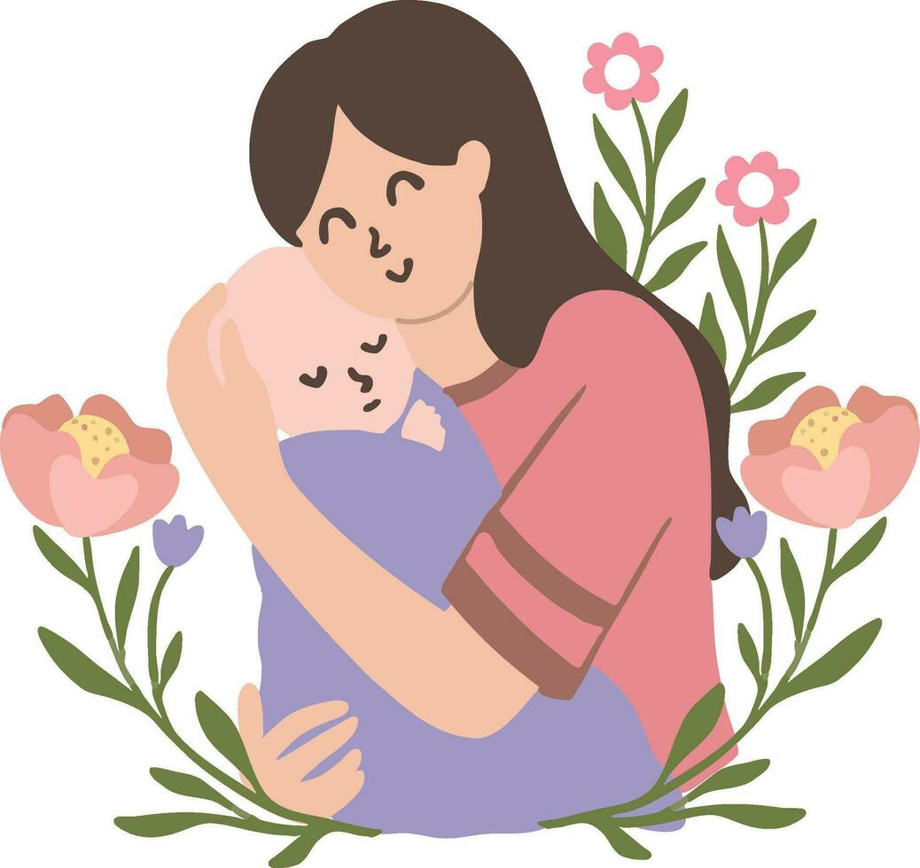 conjunto coleção floral enfeite mãe segurando recém-nascido bebê ilustração vetor