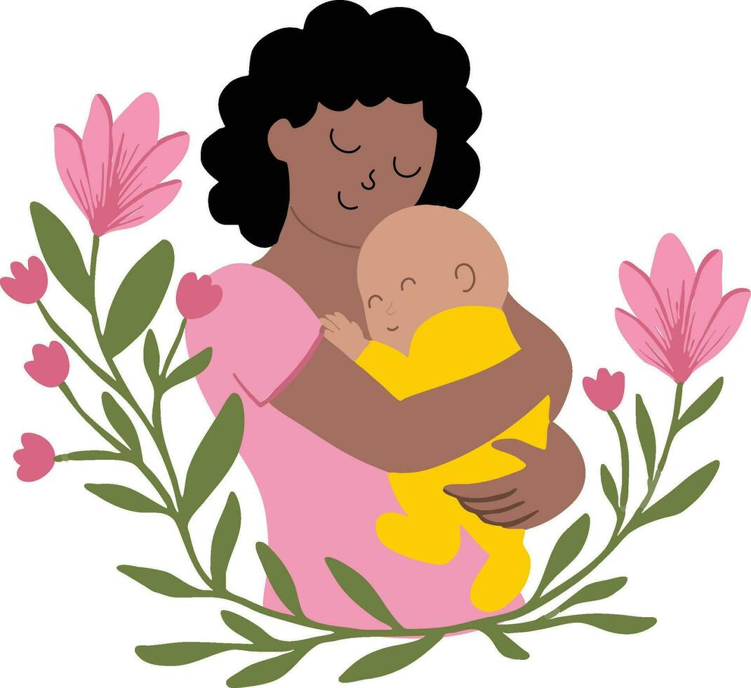 conjunto coleção floral enfeite mãe segurando recém-nascido bebê ilustração vetor