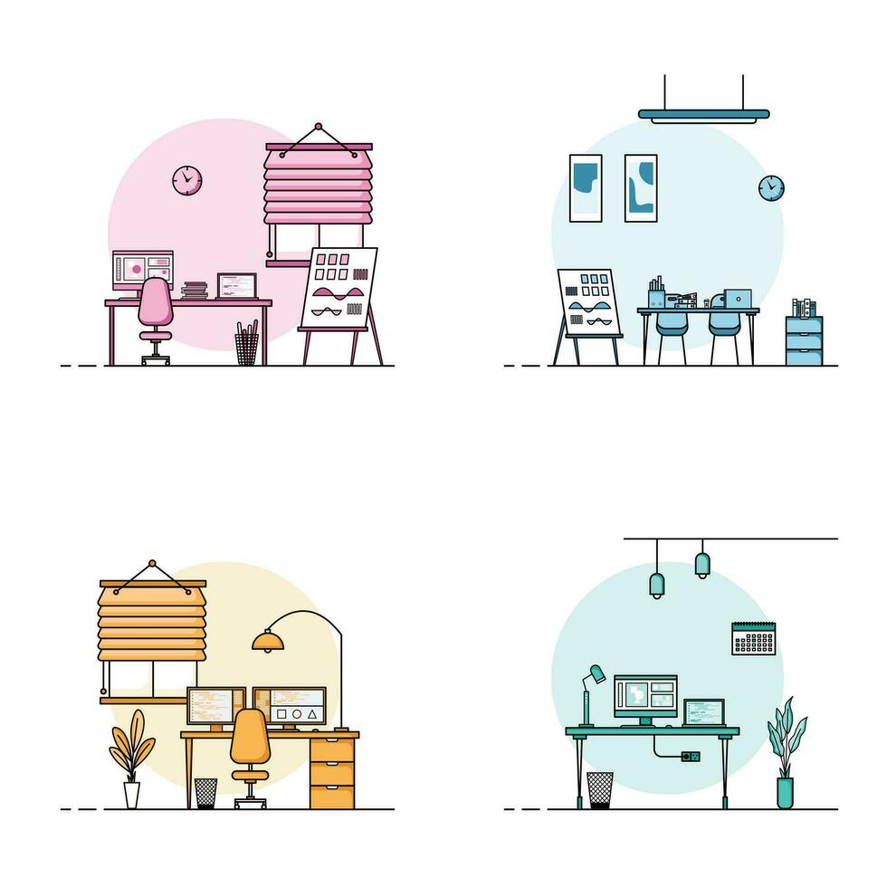 coleção do trabalhando mesa plano projeto, conceito do trabalhando escrivaninha interior com mobiliário. trabalhos quarto e computador, Área de Trabalho, mesa, cadeira, livro, e estacionário equipamento. trabalhos mesa desenho animado ilustração vetor