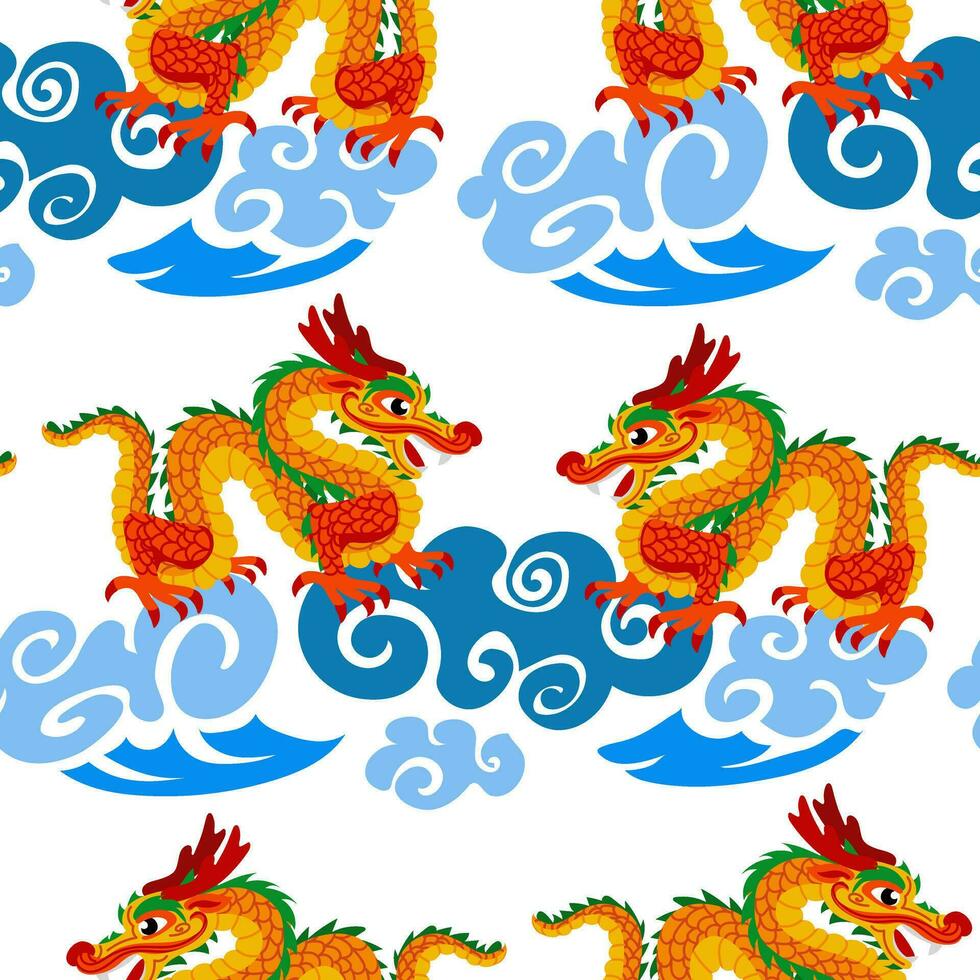 vetor desatado padronizar com laranja chinês dragões em nuvens. desenhado à mão. abstrato arte imprimir. papel de parede, tecido projeto, tecido, guardanapo, têxtil Projeto modelo, fundo. mitológico. Dragão