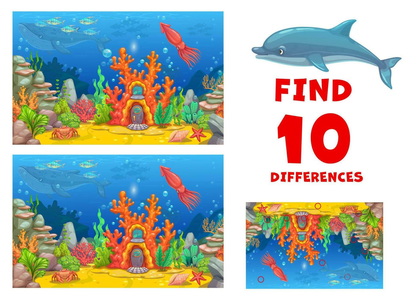encontrar dez diferenças embaixo da agua com coral casa vetor