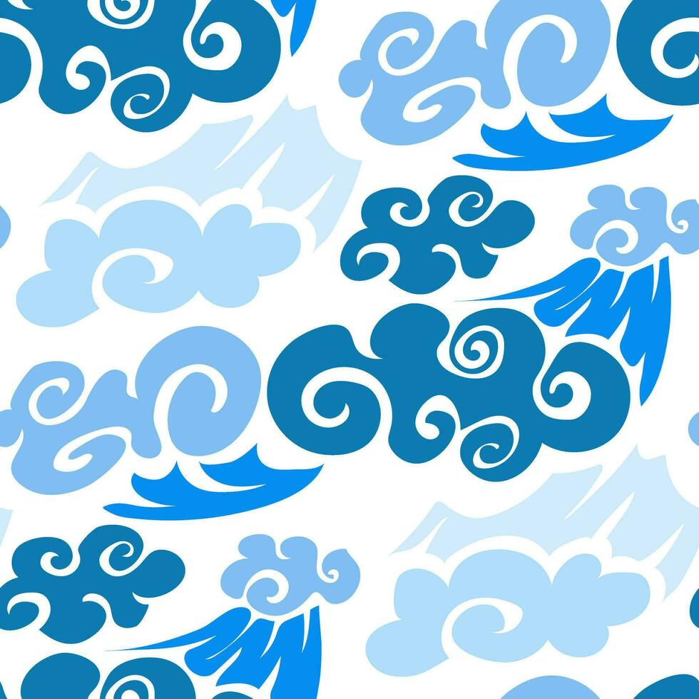 uma padronizar do azul nuvens dentro chinês motivos em uma branco fundo. desenho animado fundo, abstrato ilustração com imitação do chinês estilo. crianças fundo. impressão em têxteis e papel vetor
