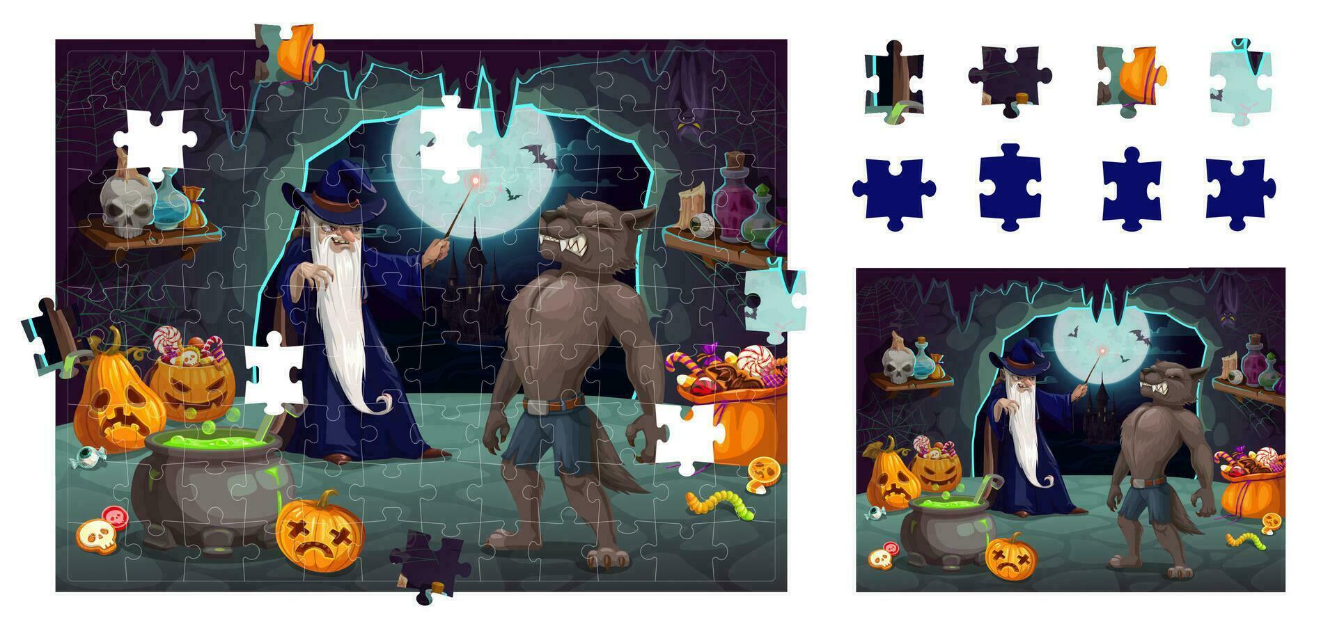 quebra-cabeças enigma com dia das Bruxas lobisomem e feiticeiro vetor