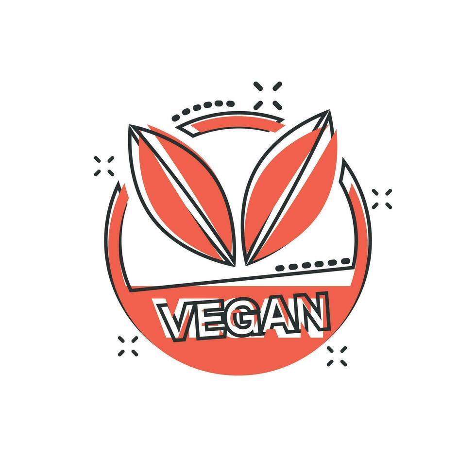 ícone de distintivo de rótulo vegano de desenho vetorial em estilo cômico. pictograma de ilustração de conceito de carimbo vegetariano. conceito de efeito de respingo de negócios de alimentos naturais ecológicos. vetor