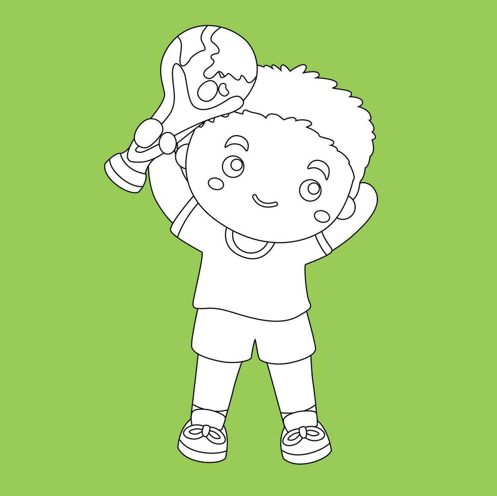 pequeno Garoto ganhando futebol bola futebol esporte atividade digital carimbo esboço desenho animado crianças vetor