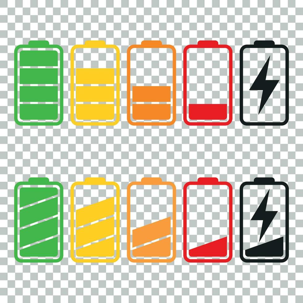 vetor de ícone de bateria em fundo isolado. símbolos do nível de carga da bateria, cheio e baixo. o grau de ilustração vetorial plana de energia da bateria.