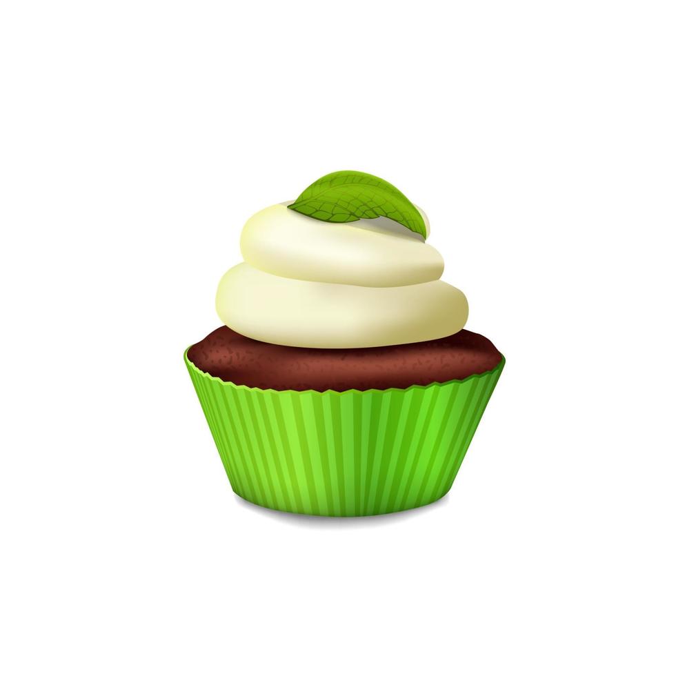 cupcake em uma cesta verde com creme branco e folhas de hortelã em estilo cartoon, isolado no fundo branco vetor